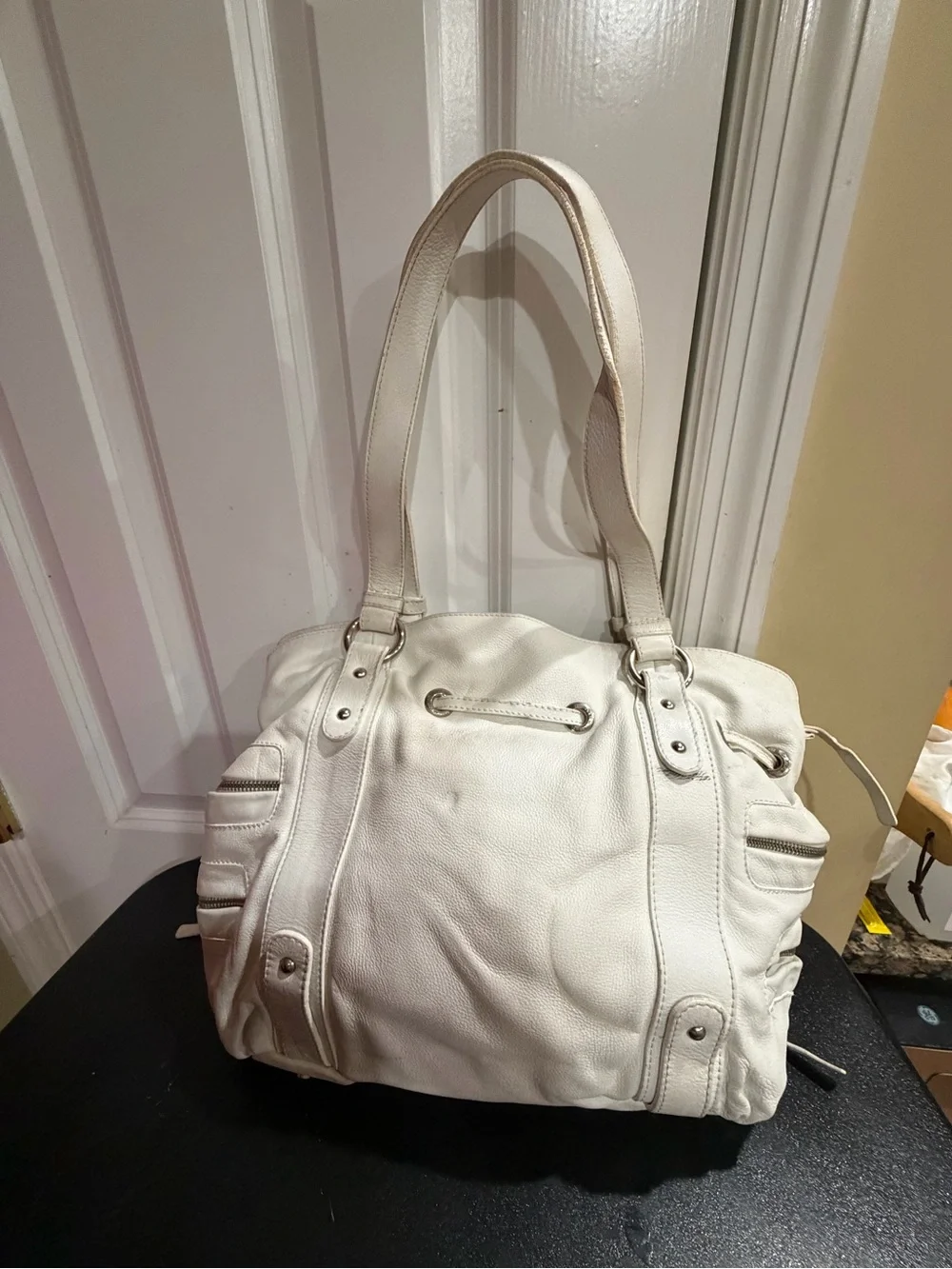 White Leather Drawstring Shoulder Bag